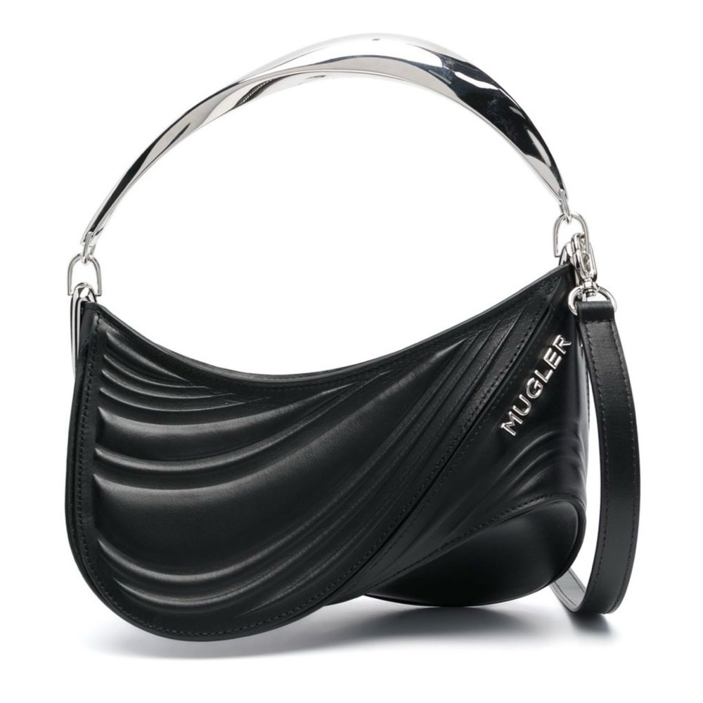 Mugler Black Shoulder Bag with Curved Shape and Silver Accents